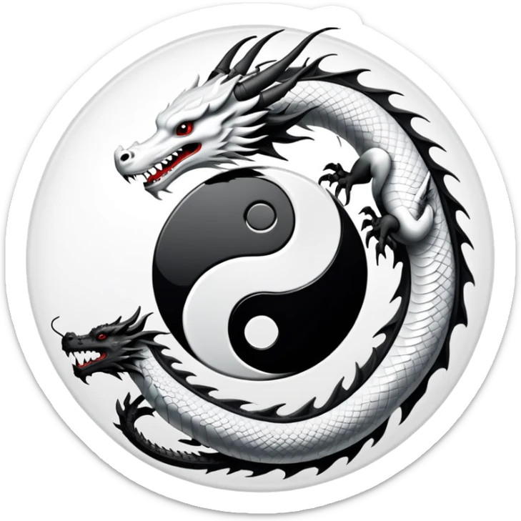 An icon symbolizing Eastern martial arts in the style of an emblem, featuring a black-and-white Yin-Yang symbol and a dragon at the center, surrounded by elements like a dojo. Transparent background highlights balance and power. sticker
