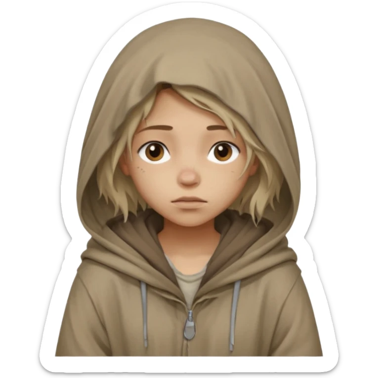 Young beggar little girl character, chest-up portrait, wearing worn and oversized clothes, hair is visible, no hat or such, neutral earth-tone fabric, slightly messy hair peeking from under a hood, tired but gentle eyes, subtle dirt marks on face, sticker