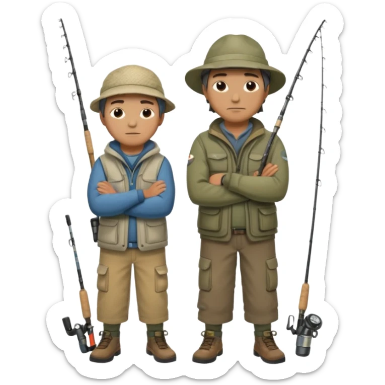 Father and son in fishing gear, arms crossed because they are cold full body sticker