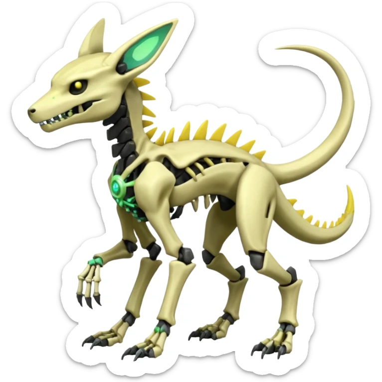 futuristic neon-like-green and yellow Skeleton-Cyborg-Manectric-Electrike-Salandit-Cubone-Umbreon-Marowak-Draco-Fakémon-hybrid-creature (full body), 4 legs sticker