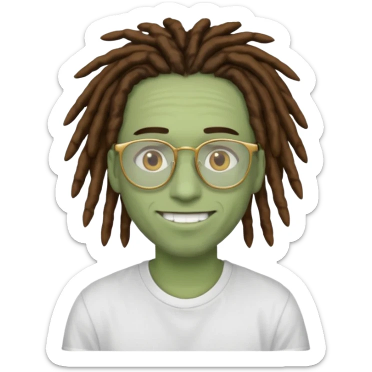 man with brown dreads white tee golden eyes light green skin glasses and white smile sticker