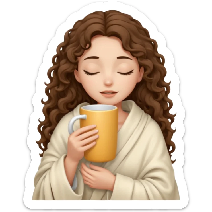 slender girl with fair skin with long curly brown hair wrapped in a cream blanket in her hands a white mug eyes closed sticker