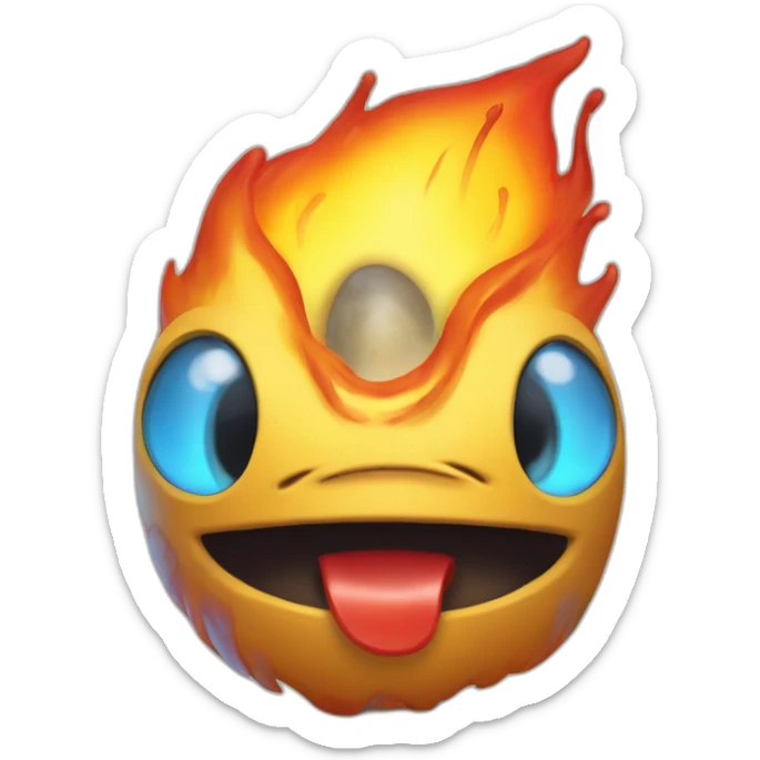 The Burny Games character, a yellow-orange cartoonish figure with a fiery top, large eyes, and a red tongue, sticker