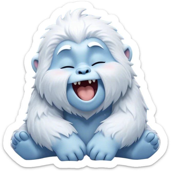Cinematic Cute Yawning Yeti Portrait Emoji, with a charming, fluffy, snow-dusted figure in gentle whites and cool blues, head tilting back in a wide, endearing yawn with softly closed, peaceful eyes and a content little smile, simplified yet irresistibly adorable, highly detailed with a soft, frosty glow and outline capturing the serene slumber of a yeti! sticker