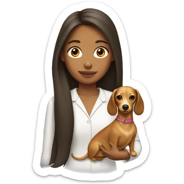 girl with long brunette hair holding a blonde wiener dog sticker