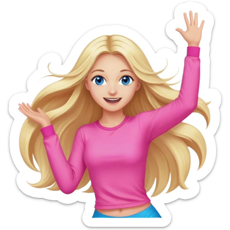 Pretty Blonde with long hair model, blue eyes In pink clothes super excited and happy dance sticker