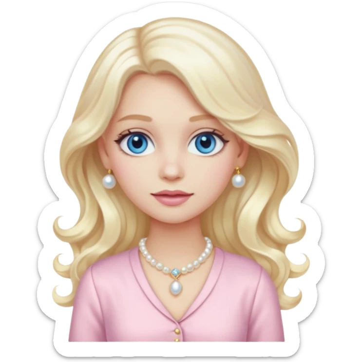 stylish girl emoji with long wavy platinum blonde hair, blue eyes, pale peachy-pink skin, pastel pink fancy outfit #f3c3cf, pearl hair clip, and gold jewelry sticker