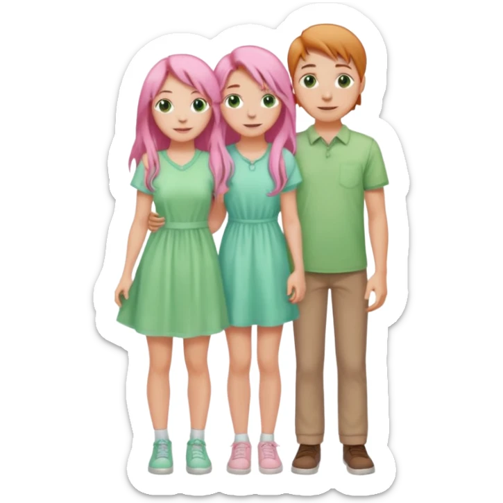 full-length happy couple, girl with long pink hair and green eyes in pastel dress, boy with light brown hair in casual shirt sticker