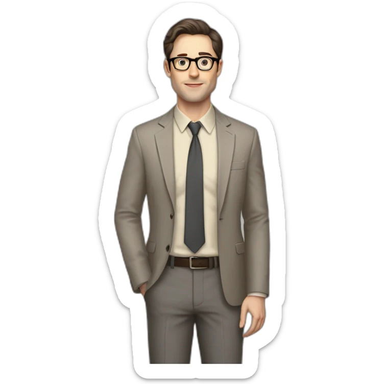 Full height Pale skinned Fit Man With dark brown hair in gray jacket, beige office shirt, tie, Brown pants and vintage glasses. Thrumbs of his palms directed up sticker