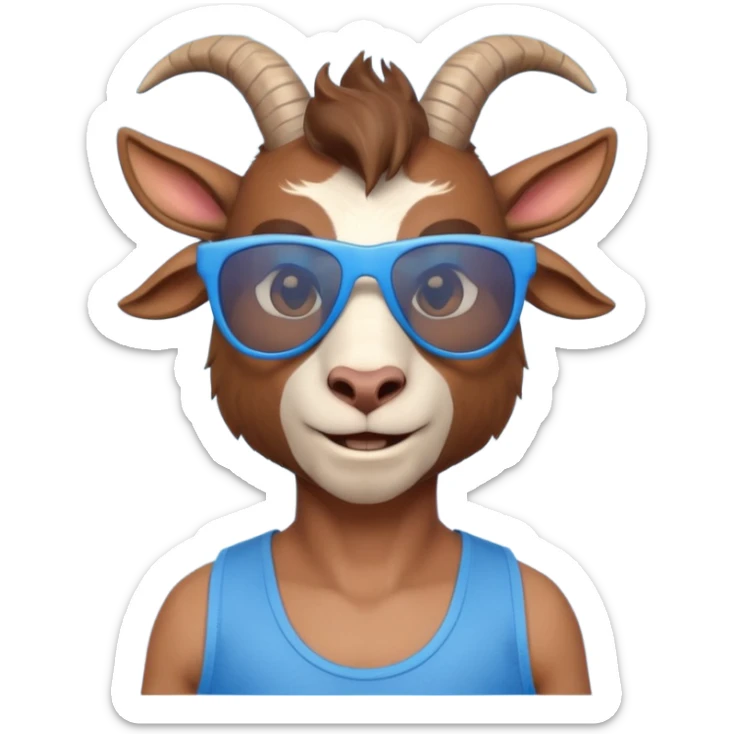 3D cartoon goat man portrait, head and shoulders, brown fur, small horns, blue reflective sunglasses, slight smile, tank top, soft lighting, centered, clean background, no text, no watermark
 sticker