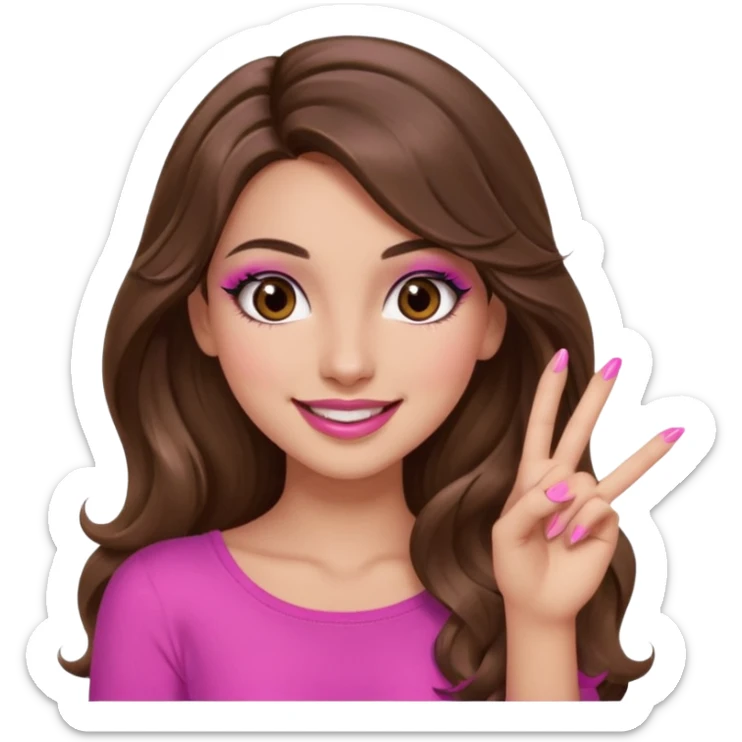 girl with long wavy brown hair, brown eyes, long lashes makeup, sexy pink lips, light to medium complexion, pink sexy top, smiling, hand by the cheek snapping fingers sticker