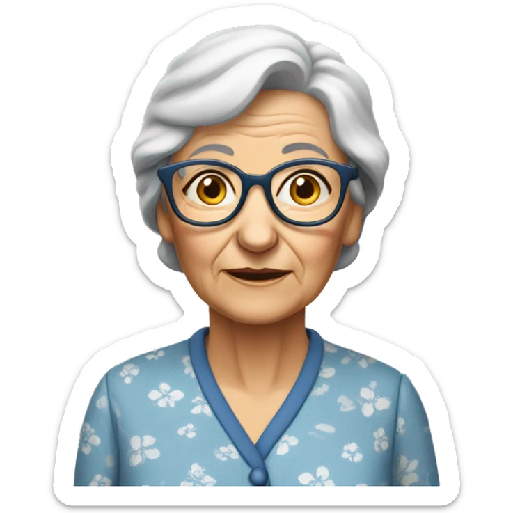 An  elderly  European  woman  with  glasses  and  wrinkles,  dressed  in  pajamas. sticker