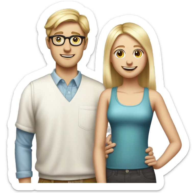 Create an iPhone-style emoji of a nerdy, skinny, white blond guy in his mid-20s with glasses and braces, standing behind his shorter adopted sister, hands on her shoulders, smiling menacingly at her. sticker