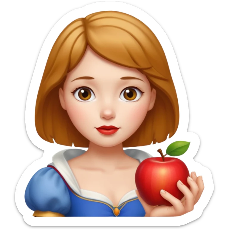 Create an emoji of Snow White holding a red apple, with short golden-brown hair. sticker