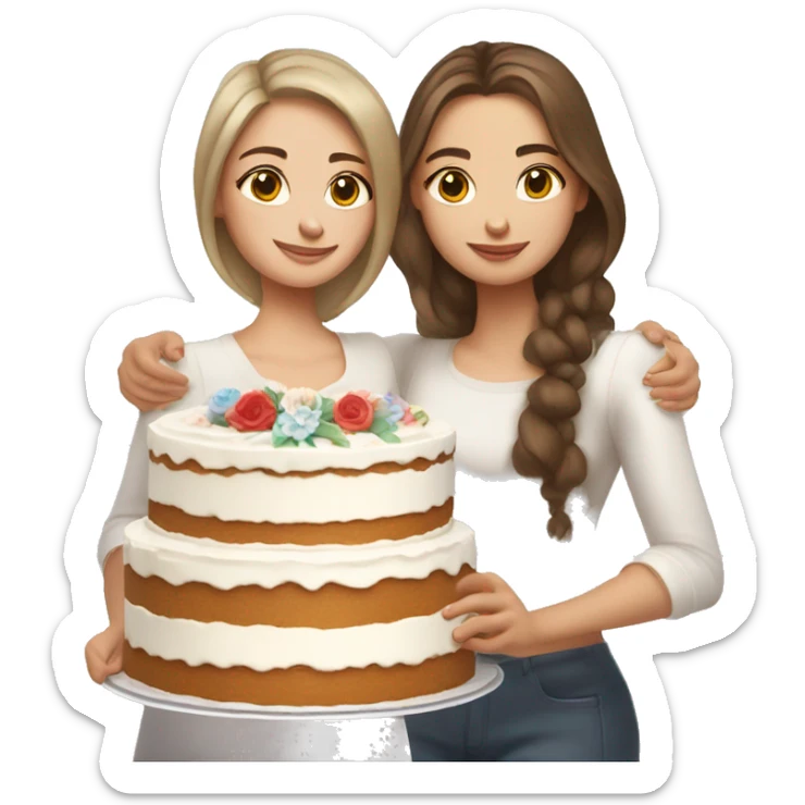 Russian girl with wavy hair and Russian girl with brown straight hair together holding big white cake sticker