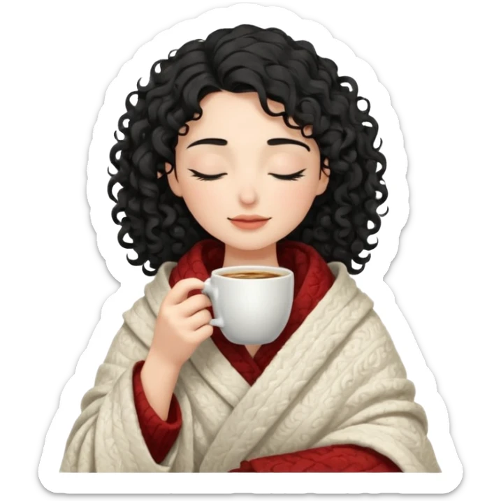 Gözleri kapalı, beyaz tenli ve kıvırcık siyah saçlı saç boyu orta omuzlarında bir kadın avatar, battaniyeye sarılmış halde beyaz bir Türk kahvesi fincanından içeceğini huzurla yudumluyor. sticker