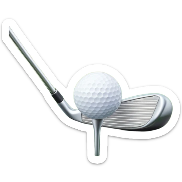 A golf ball on a tee, with a golf club placed beside it on the lush green fairway. The background shows a serene golf course with neatly trimmed grass and a clear blue sky, emphasizing the elegance and precision of the game. sticker