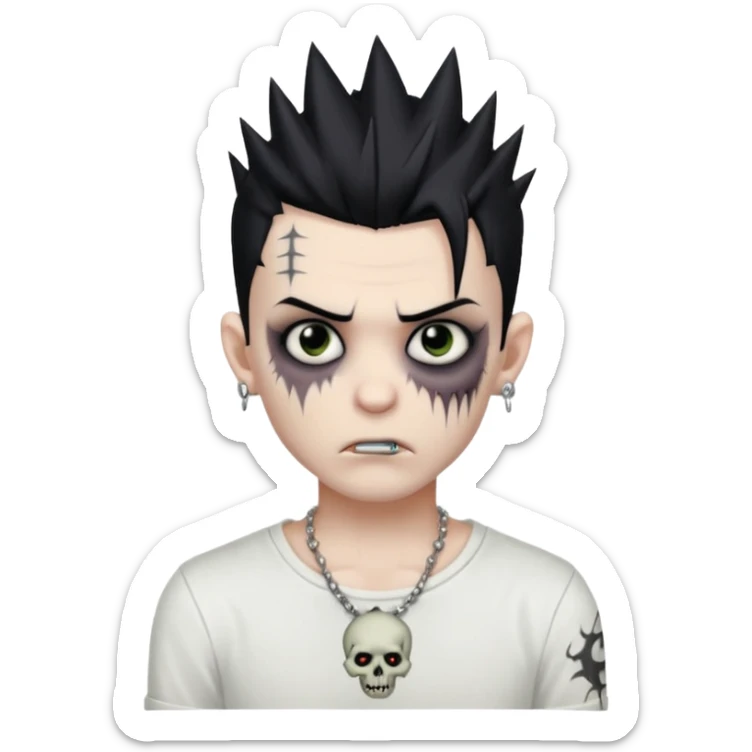 zombie boy with spiky emo black hair and white shirt , tattos, a risk on the eyebrow, earings,  a necklace emoji  sticker