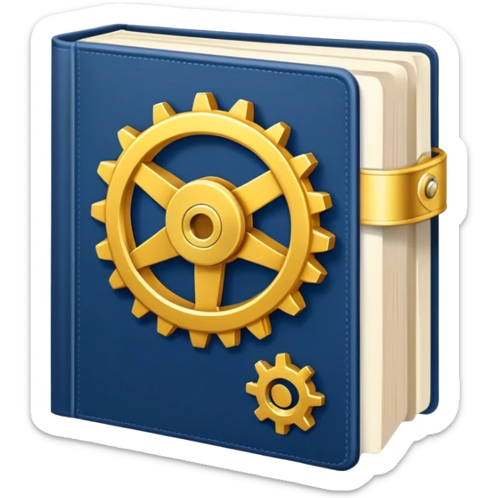 Un libro azul navy con detalles dorados, bordes metálicos y un gear dorado con una flecha ascendente como productividad en la portada, irradiando productividad, estrategia y éxito en movimiento sticker