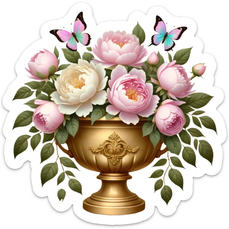 An antique-inspired floral arrangement in an opulent golden urn, overflowing with soft pink roses and voluminous white peonies, with iridescent pearl butterflies delicately fluttering around the petals, set against an aged parchment background. sticker