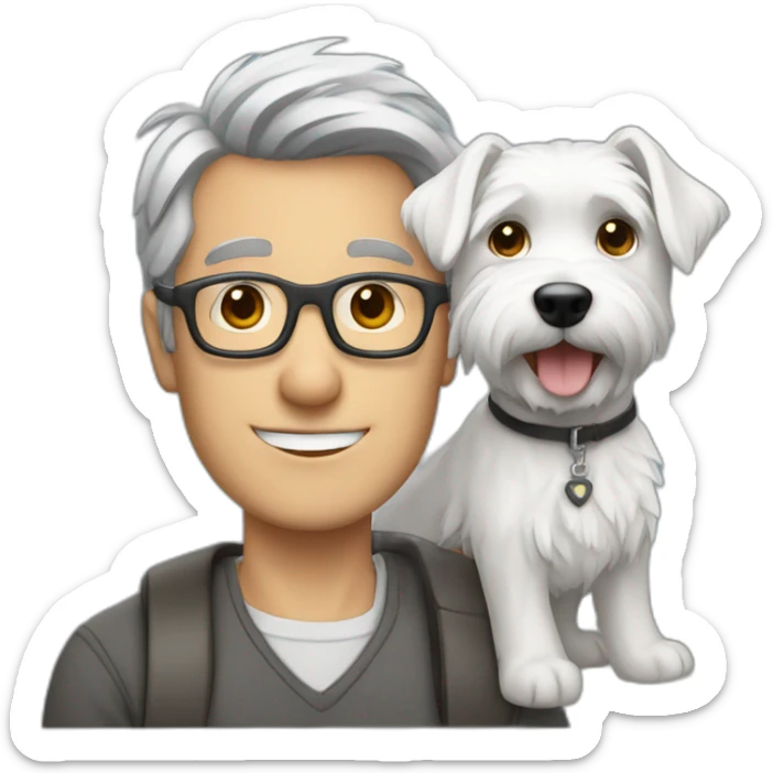 Gray hair man with glasses anda with westie dog girl sticker