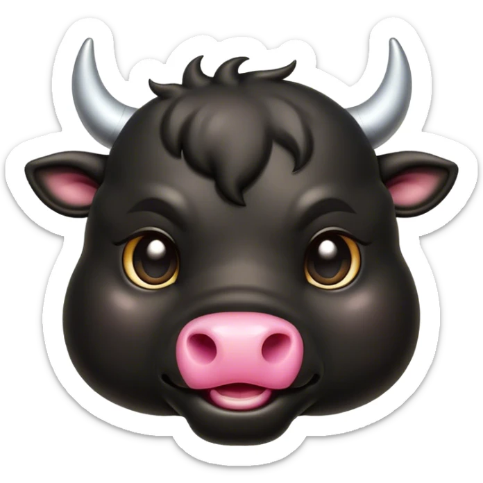 Cinematic Cute Black Bull Portrait Emoji, Head tilted playfully and inquisitively, featuring a glossy, robust black hide with a striking sheen, round, sparkling dark eyes filled with gentle curiosity, Simplified yet irresistibly adorable features, highly detailed, glowing with a warm, friendly glow, high shine, affectionate and imposing, stylized with a touch of rugged charm, bright and endearing, soft glowing outline, capturing the essence of a mischievous yet loving bull, so playful it feels like it could stomp out of the screen and into your arms! sticker