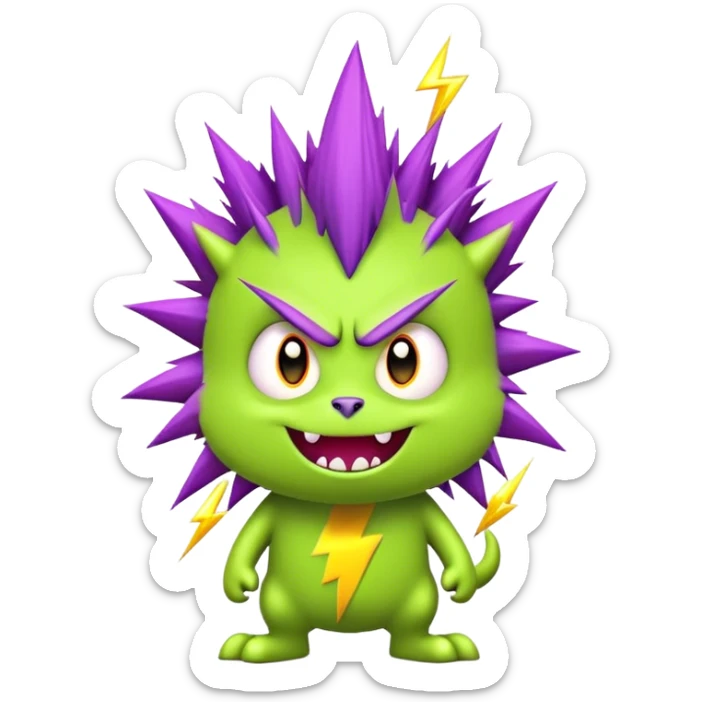 silly and furry monster in a flat art style with no shading. The monster should have a playful, cartoonish expression, with a green furry body, purple spiky hair, and small stitches on its forehead, resembling a Frankenstein-solana-inspired creature. Include small bolts on the sides of its head with tiny yellow lightning sparks for a quirky touch. The design should be simple, bold, and colorful, with clean lines and a light gray background to make the monster pop sticker