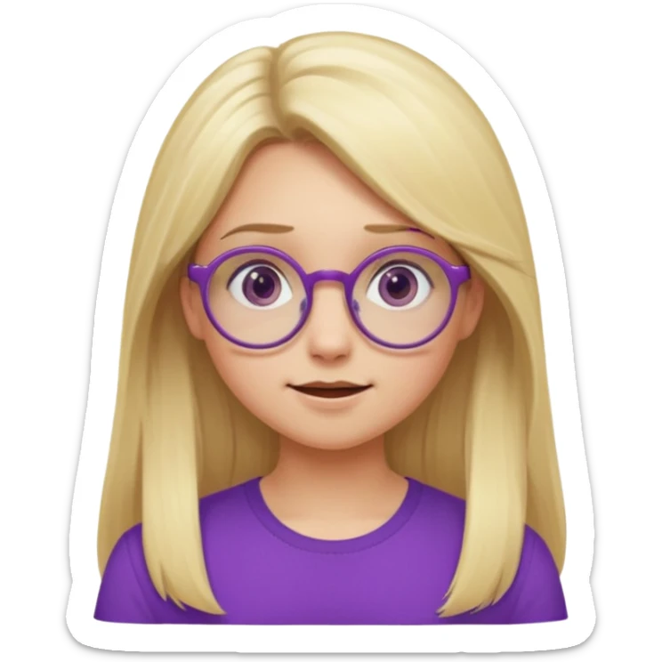 una chica rubia con el pelo largo, gafas redondas, vestida con un top morado, y con diferentes expresiones sticker