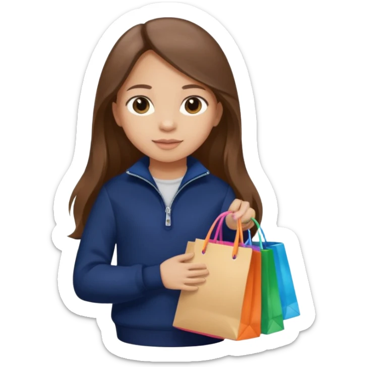A little girl (he usually calls her baby), who is obsessed with shopping and luxury brands and holds a dozen of bags, she wears navy blue half zip sweater and holds 10 bags and she has long brown hair  sticker