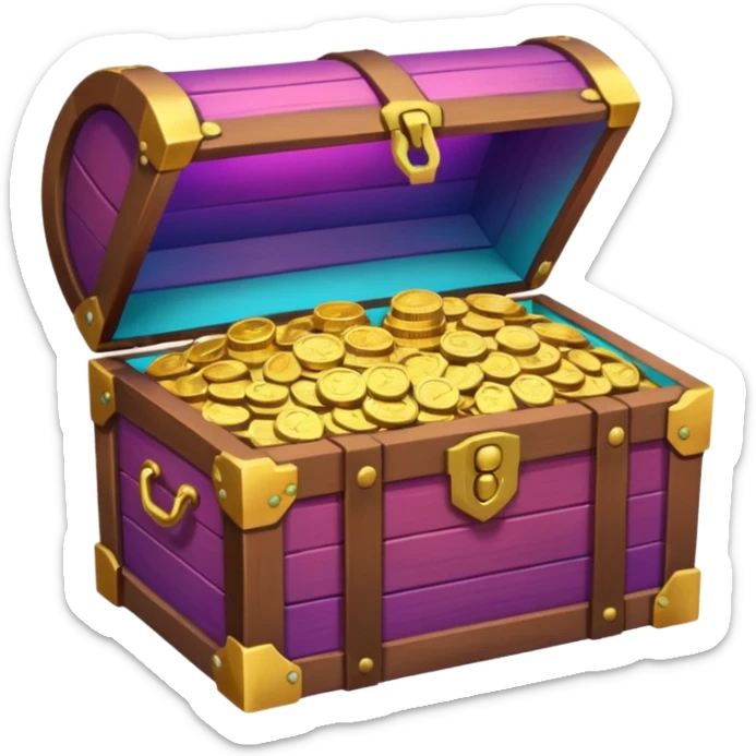 wooden brown treasure chest filled with coins pack in gradient of turquoise, blue, pink, purple, and coral sticker