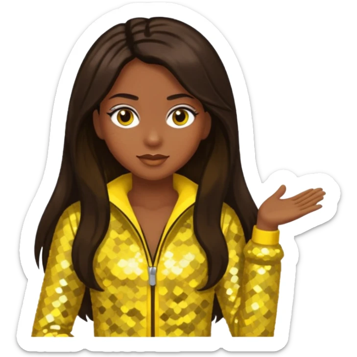 Sasha from Bratz with medium dark skin, long dark brown hair and yellow sequin outfit sticker