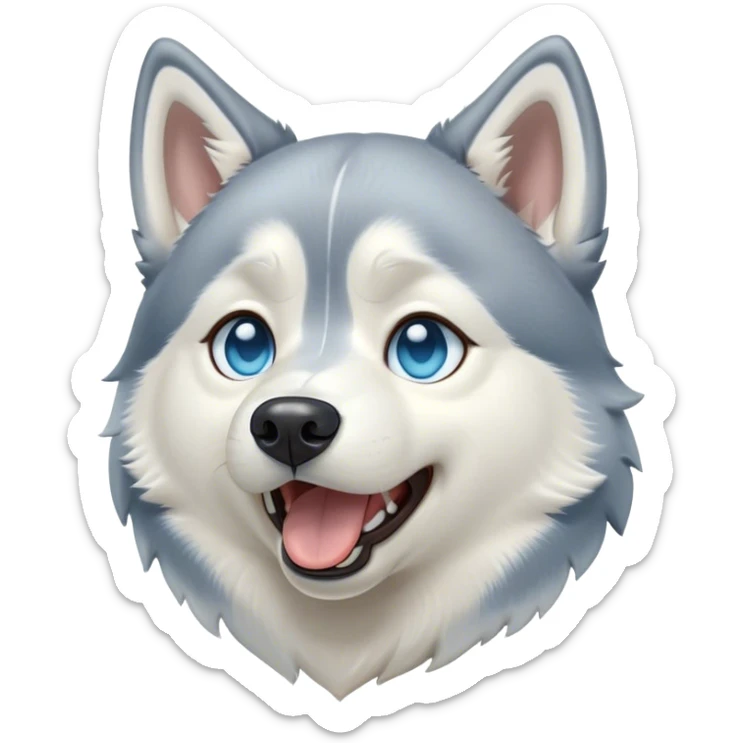 Cinematic Cute Yawning Siberian Husky Portrait Emoji, Head tilted slightly with a dramatic, wide-open yawn, showcasing a thick grey and white coat with a frosty sheen, floppy ears slightly drooping, round icy blue eyes barely open in drowsy contentment, Simplified yet irresistibly adorable features, highly detailed, glowing with a soft, cool glow, high shine, relaxed yet expressive, stylized with a touch of whimsy, bright and endearing, soft glowing outline, capturing the essence of a sleepy yet affectionate companion, so drowsy it feels like it could stretch out of the screen and curl up for a nap! sticker
