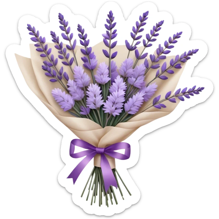 A delicate hand-tied lavender bouquet, featuring wisps of pale lilac and deep amethyst sprigs, is wrapped in parchment paper secured with a dusty plum ribbon. The gentle contrast of fresh and dried stems creates a soft, ethereal look, while the faint scent of lavender lingers like a nostalgic embrace from a bygone era.
 sticker