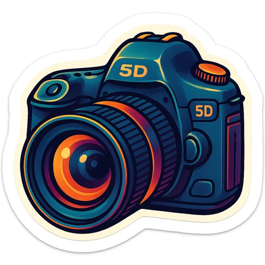 retro sticker style illustration of a DSLR camera with a large lens, inspired by Canon 5D Mark III, front angle, bold outlines, juicy colors, expressive shadows and highlights, playful and dimensional sticker