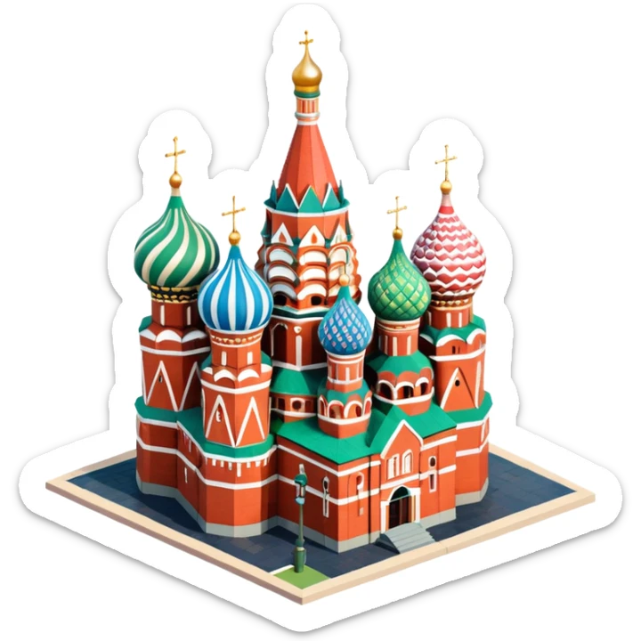 Isometric illustration of Moscow, featuring Saint Basil's Cathedral with colorful onion domes, hand-drawn painterly details, subtle texture on bricks and roofs, realistic shadows and soft lighting, muted yet vivid color palette, diorama miniature effect. sticker