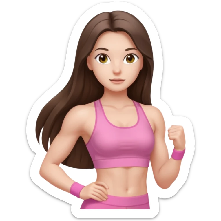 white brunette girl long hair with hazel eyes in light pink workout with abs sticker