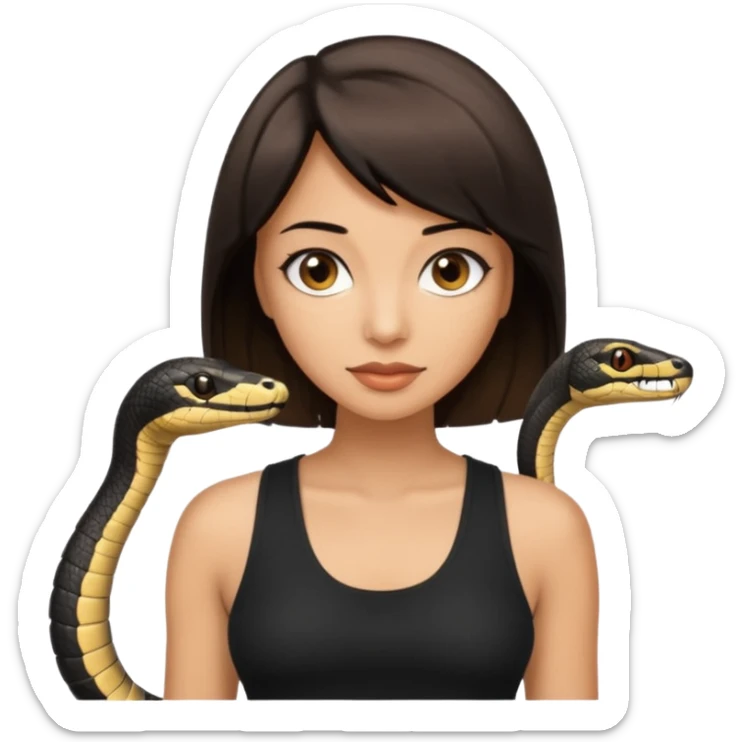 Femme brune yeux marron avec une coupe carré noir , femme couleur de peau typé, avec un cobra a côté , débardeur noir sticker