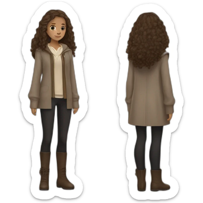 Hermione granger with Brown hair is black wizard clothese and à beige skin sticker