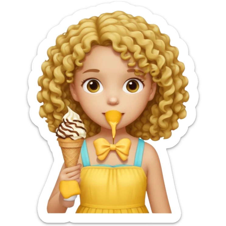a little girl kid with curly hair, yellow dress, eat ice cream sticker