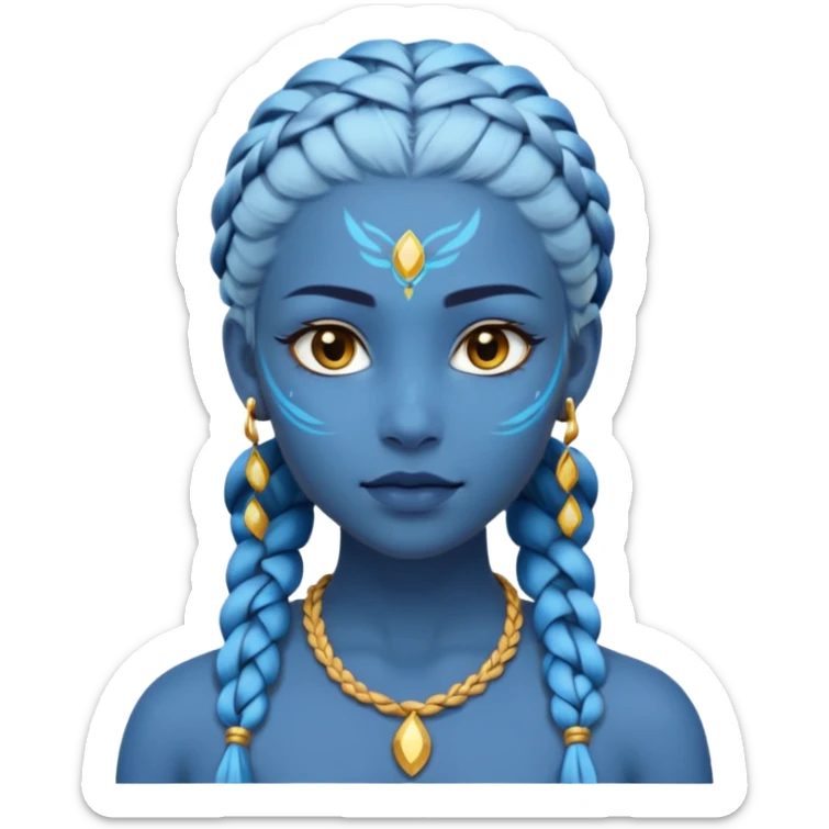 Draw a Na’vi female with glowing blue skin, white forehead markings, braided hair, gold earrings & a calm gaze. sticker