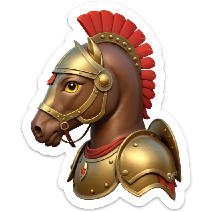 An emoji of a powerful Roman warhorse in full armor, with a feathered helmet. sticker