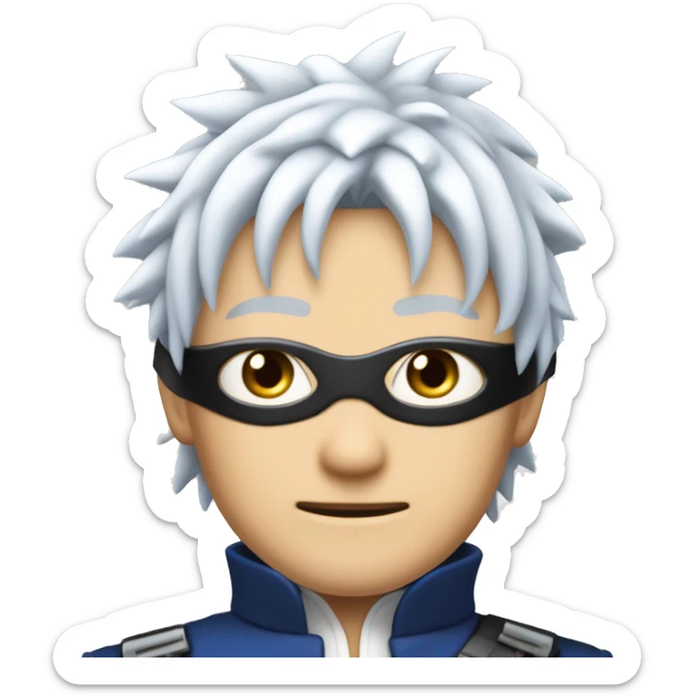 Satoru Gojo has spiky white hair with a slight blue tint and wears a black blindfold over his vivid blue eyes. He has a tall, lean build and typically wears a high-collared dark outfit, giving him a sharp and cool appearance. sticker