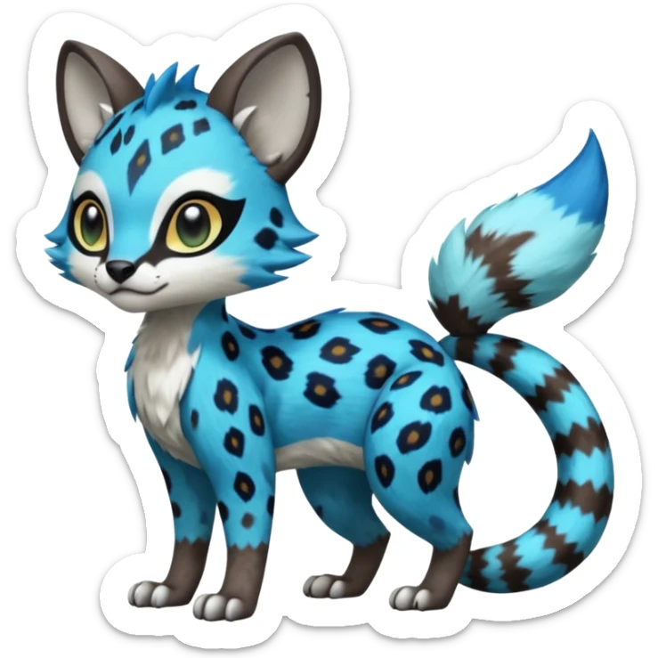 Colorful Meloetta-Sergal-Civet-Genet-Pokémon-Digimon-Fakémon-fusion-hybrid-creature with Cyan stripes and blue leopard-spot-markings  sticker