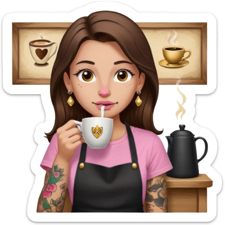 Fille cheveux long châtain, peau beige type européen yeux marron, teeshirt rose avec un tablier noir, piercing au nez anneau doré, boucle d’oreille diamant doré. Elle boit un café Tatouage à la gorge sticker