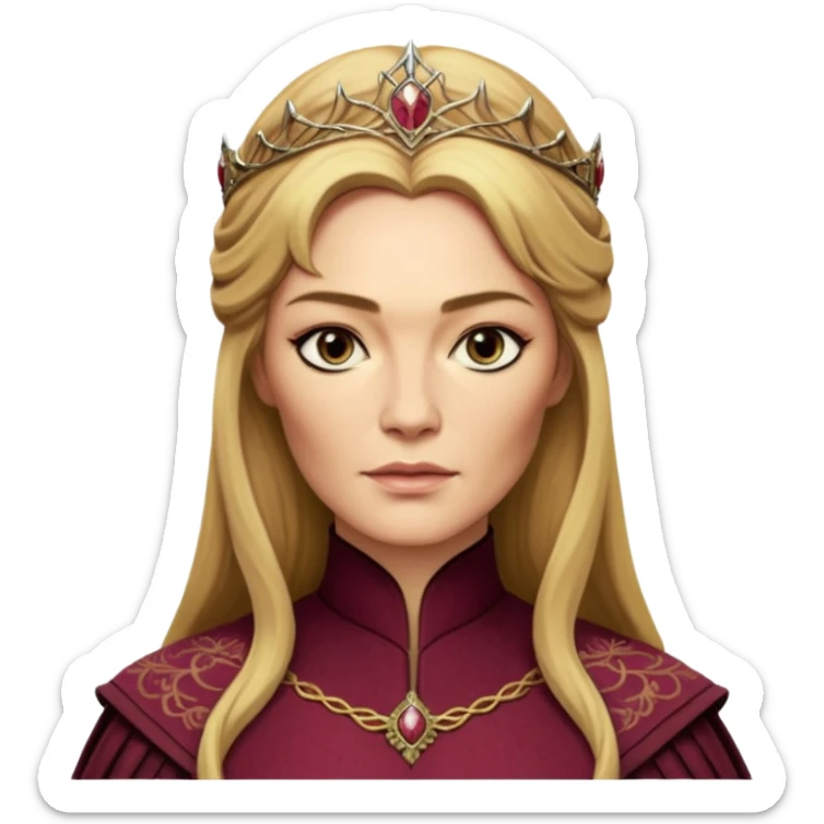 Cinematic Realistic Cersei Lannister Portrait, depicted with lifelike skin texture, subtle rosy undertones, and soft natural lighting that enhances the gentle contours of her face. Her intricately detailed golden blonde hair is elegantly styled , sticker