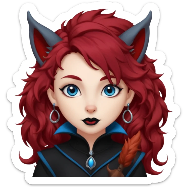  long curly red hair (darker), red pointed ears with black trim, black goth outfits, body and face human, blue eyes, more pointy chin, black lipstick, one big fluffy red squirrel tail with black tips, like the attached photo with more outfits and poses,  sticker