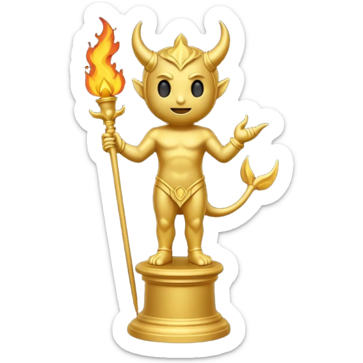 Minimalist emoji-style sticker of a full-body Oscar-like statue, completely gold, with small devil horns on the head and a pointed tail subtly wrapping around the leg. The statue stands on a dark pedestal surrounded by faint fire or smoke.  sticker