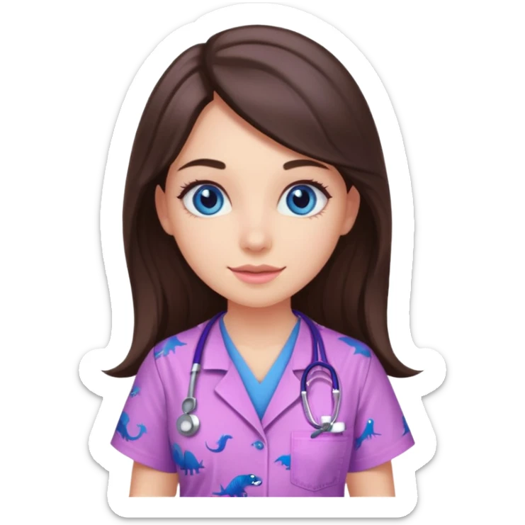 pretty brunette nurse with long hair and blue eyes in pink and purple dinosaur pattern scrubs sticker