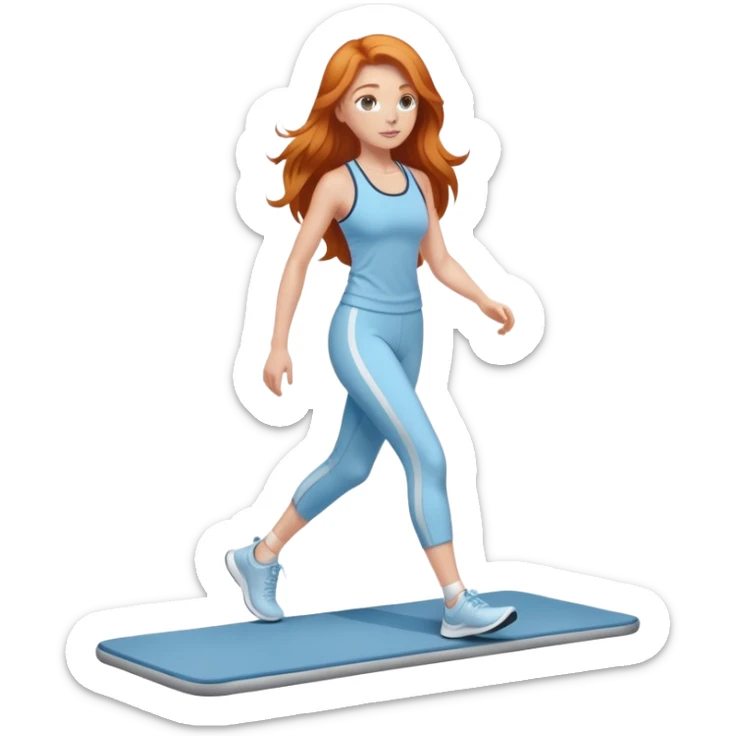 Gorgeous Ginger girl long hair walking on walking pad light blue gym outfit sticker
