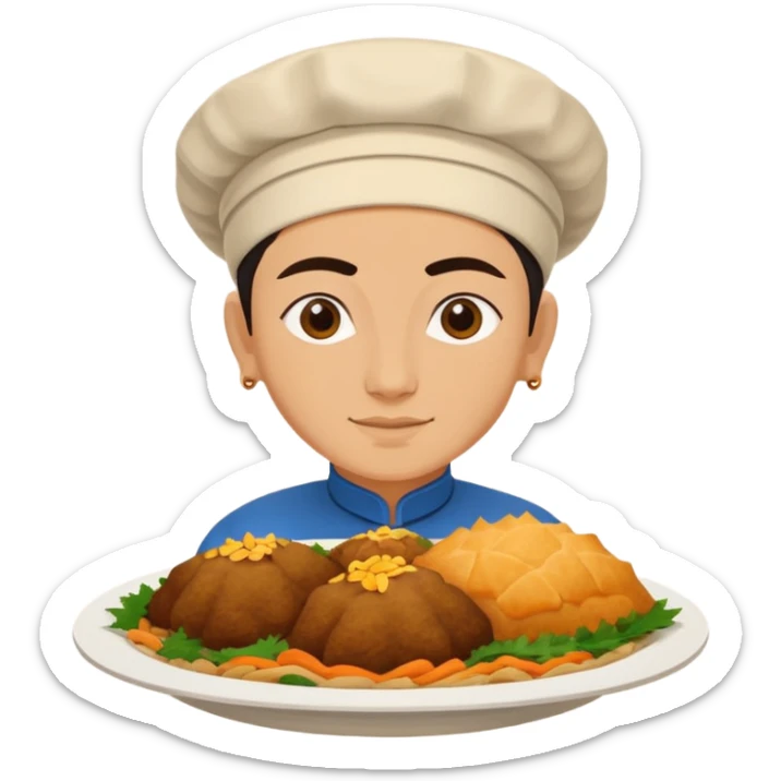Uzbek cuisine humanless avatar in bright illustration. Classic dishes like plov and samsa, warm golden and earthy tones, simple shapes, flat design, high contrast, friendly and appetizing. sticker